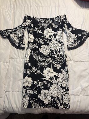 Off-Shoulder Black & White Floral Dress